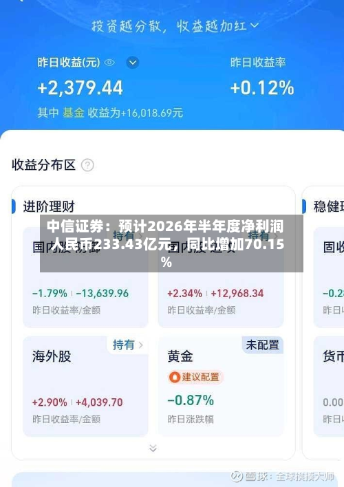 中信证券：预计2026年半年度净利润人民币233.43亿元，同比增加70.15%-第2张图片