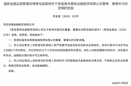 张猛获批担任青岛青银金租董事、董事长