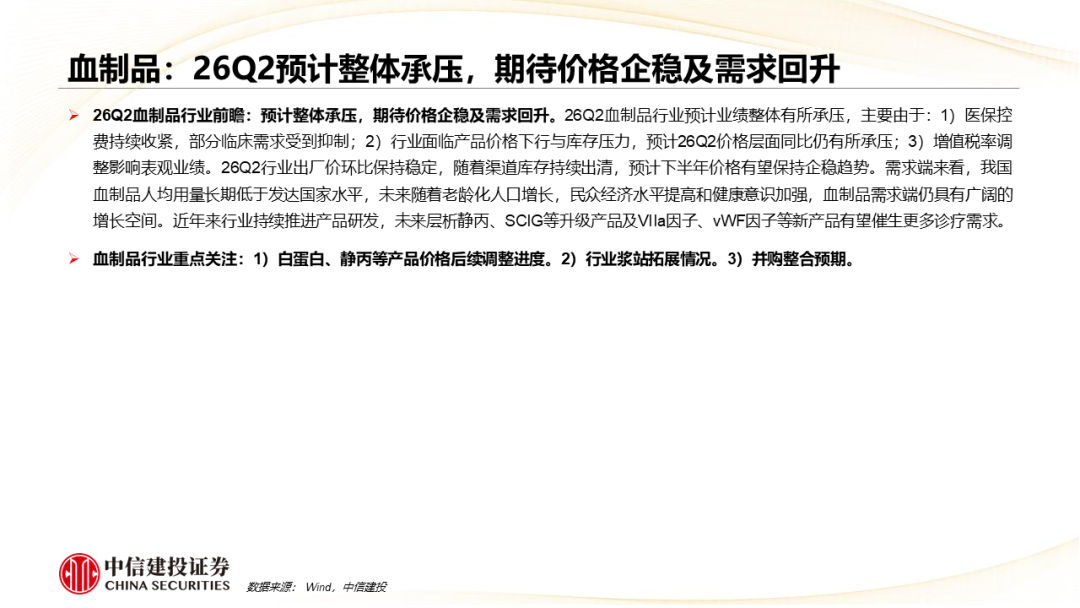 中信建投：中药	、生物制品及医药商业板块2026Q2前瞻